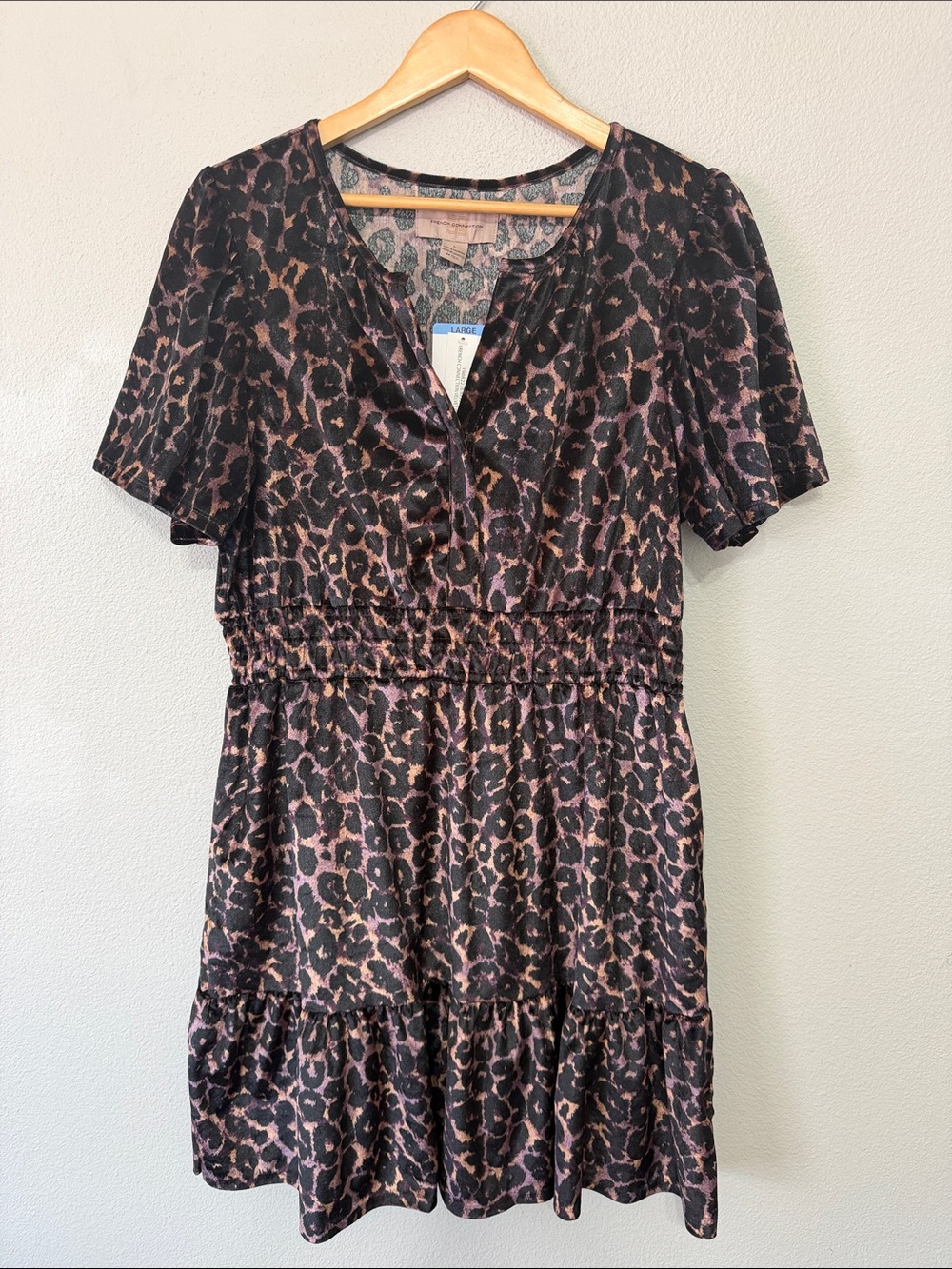 Leopard Print Smocked-Waist Mini Dress in Black & Brown French Connection Large
